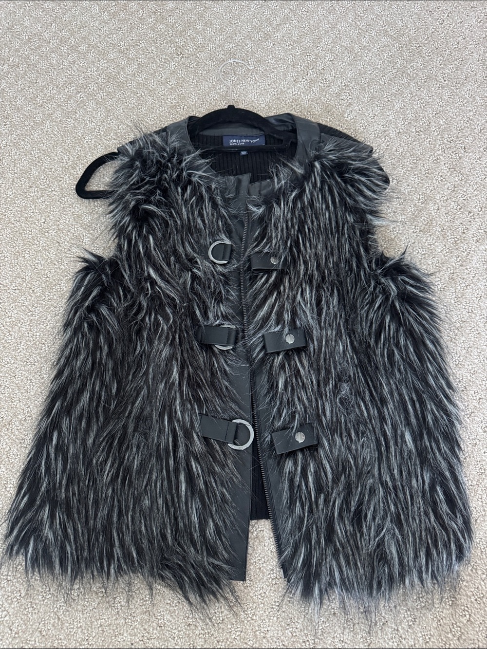 Jones New York Black and Silver Faux Fur Toggle Vest